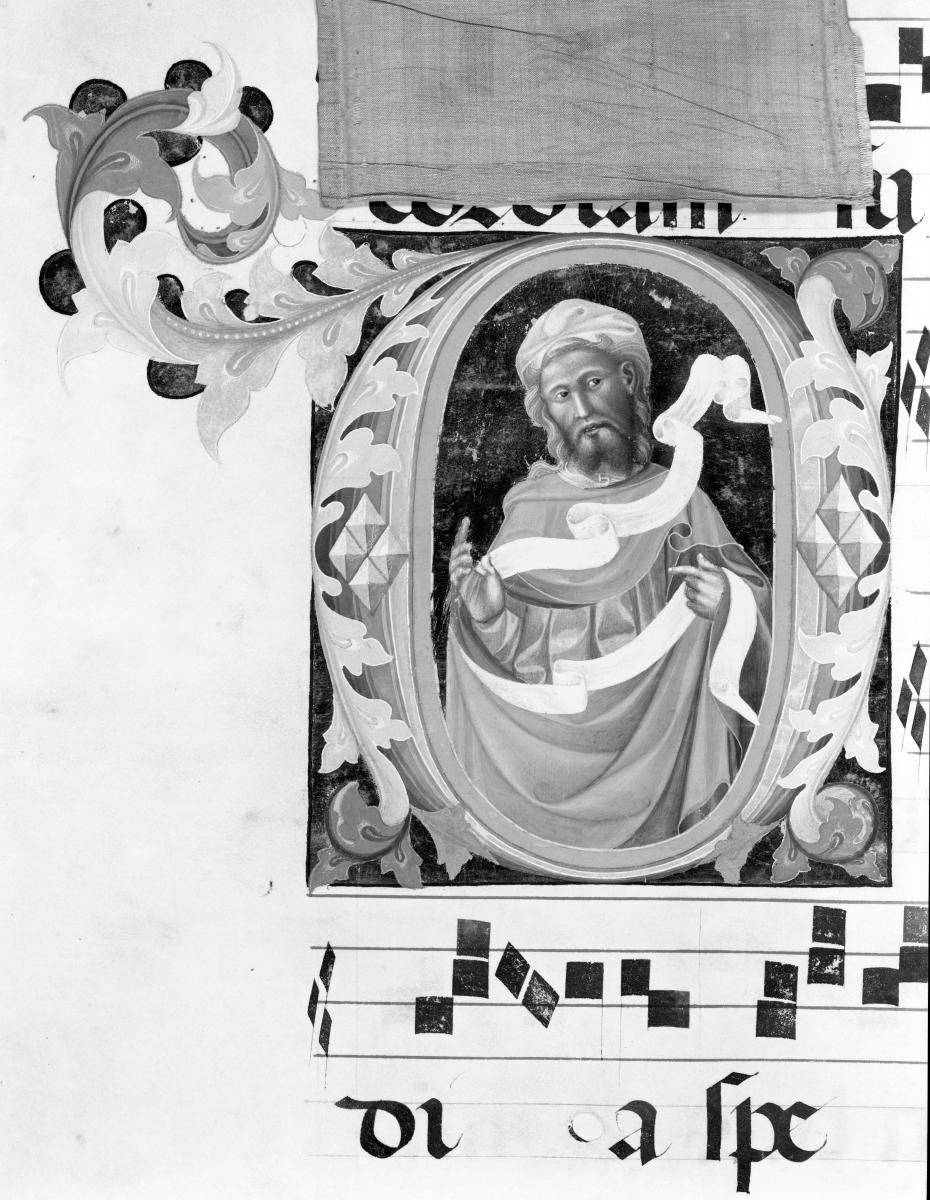 Notenseite mit verzierter Initiale mit Prophetenhalbfigur. In: Graduale aus Murano