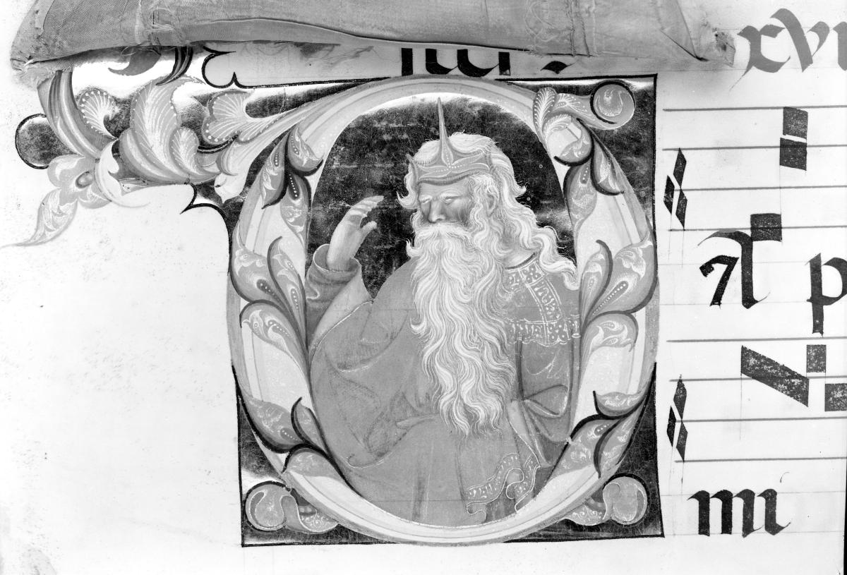 Notenseite mit verzierter Initiale mit Prophetenhalbfigur. In: Graduale aus Murano