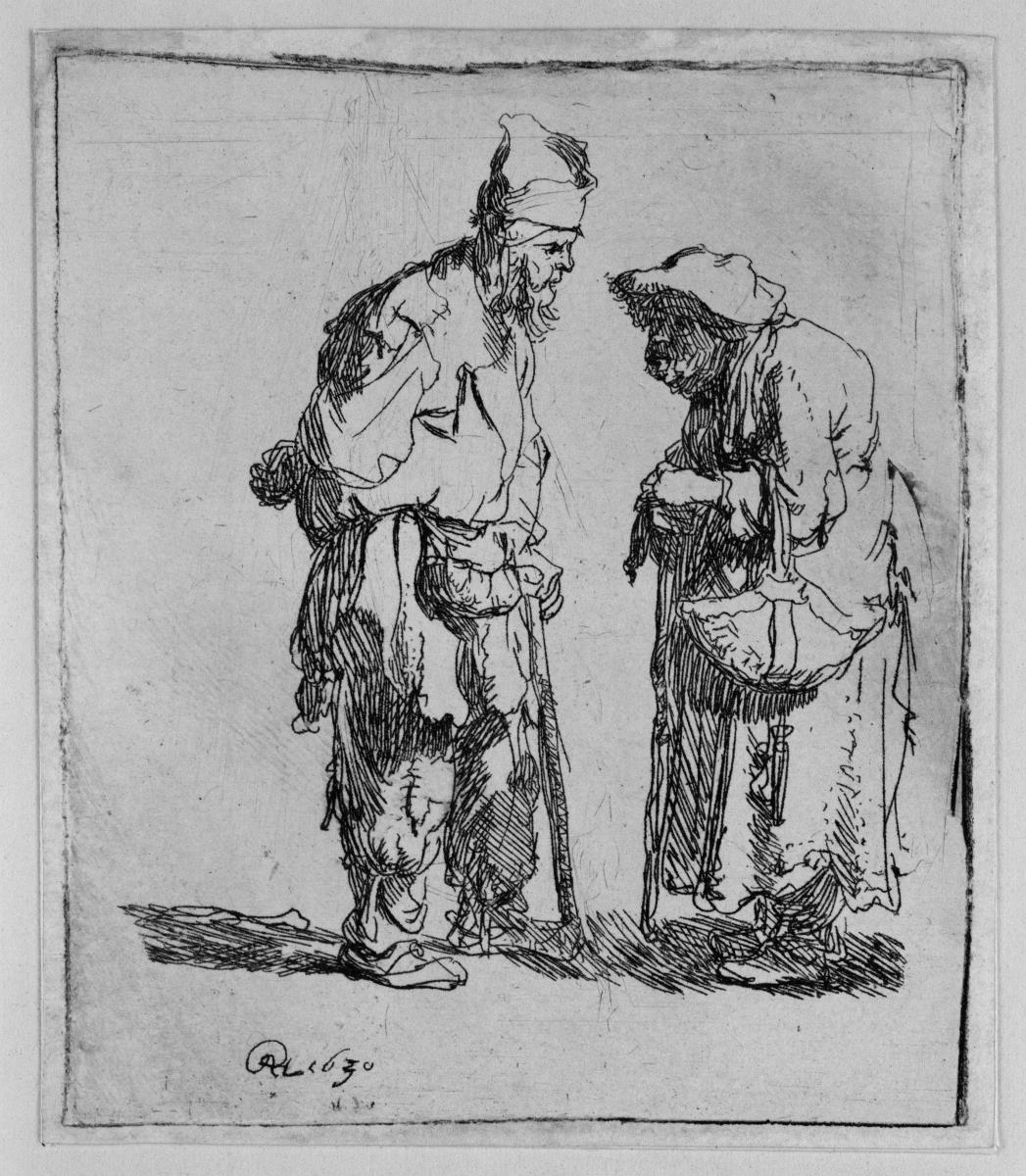 Ein Bettler und eine Bettlerin im Gespräch
