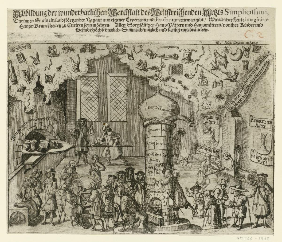 Flugblatt: Abbildung der wunderbarlichen Werckstatt des weltstreichenden Artzts Simplicissimi. Pseudo Grimmelshausen Titelblatt