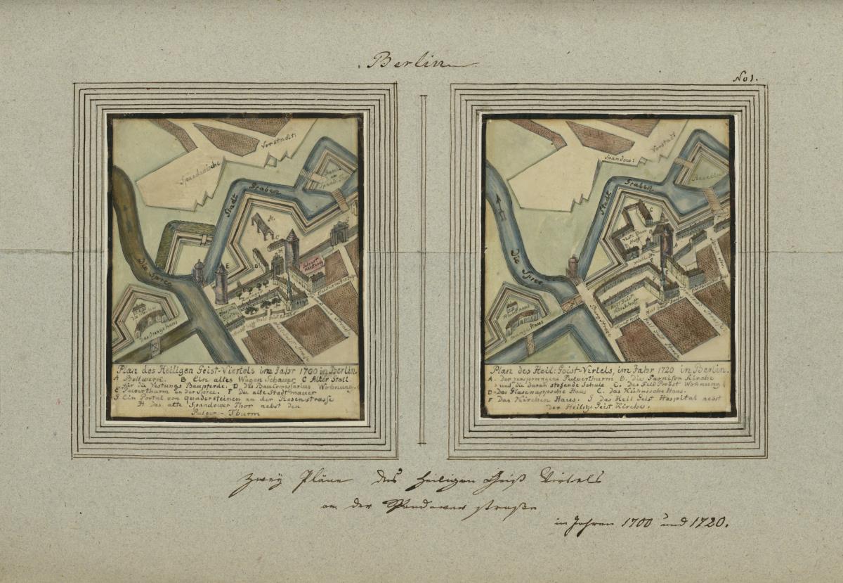 Berlin. Zwei Pläne des Heiligen Geist Viertel an der Spandauer Straße in Jahren 1700 und 1720