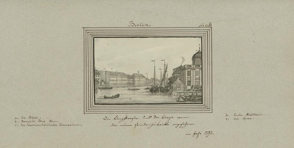 Berlin. Die Burgstraße und die Börse von der neuen Friedrichsbrükke angesehen im Jahr 1792.