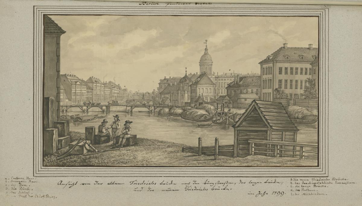 Berlin. Ansicht von der alten Friedrichs Brücke nach der Burgstraße, der Langen brücke, und der neuen Friedrichs Brücke. im Jahr 1799.