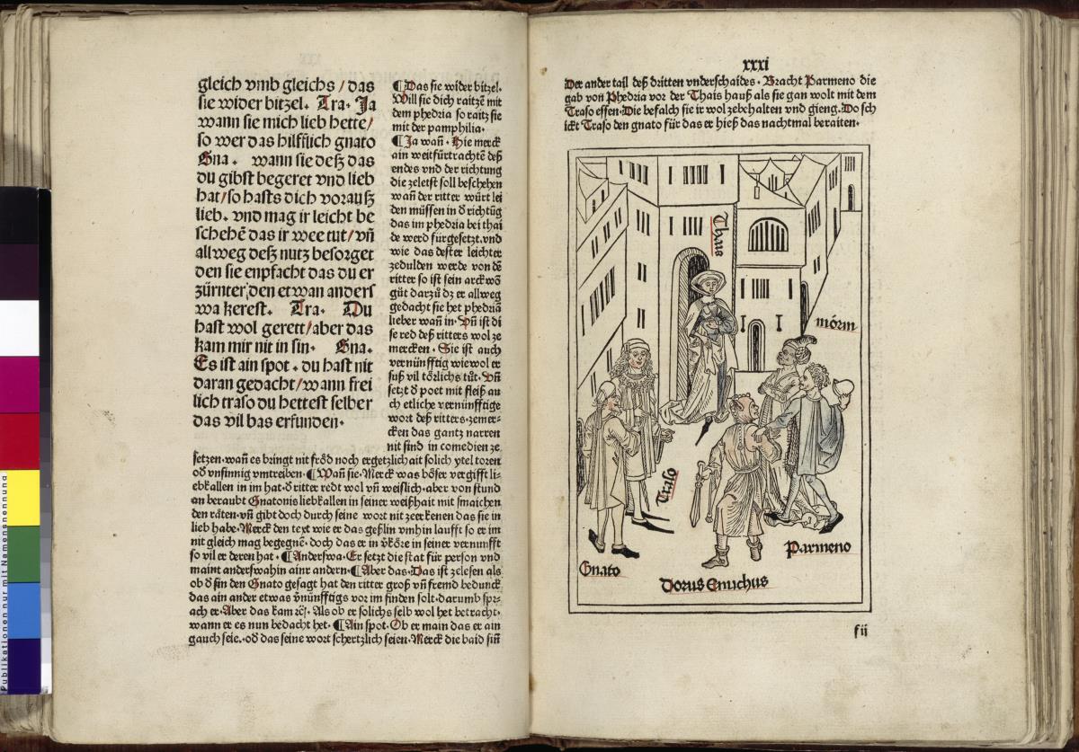Terentius Afer, Publius: Eunuchus, deutsch. Mit Komm. Ulm: Konrad Dinckmut für Hans Nythart, 1486, Actus 2: Dorus Eunuchus, Thais, Gnato, Parmeno, Morin, Traso