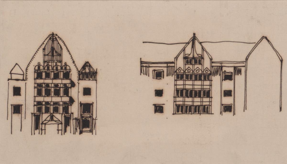 Marienbad, Projekt Kurhotel in Königswart, vorbereitende Skizze, zwei verschiedene Aufrisse eines Teils der Hauptfassade