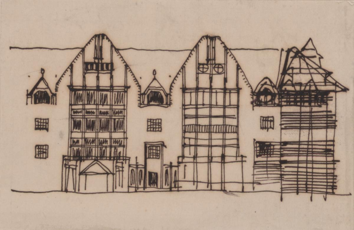 Marienbad, Projekt Kurhotel in Königswart, vorbereitende Skizze, Aufriss eines Teils der Hauptfassade