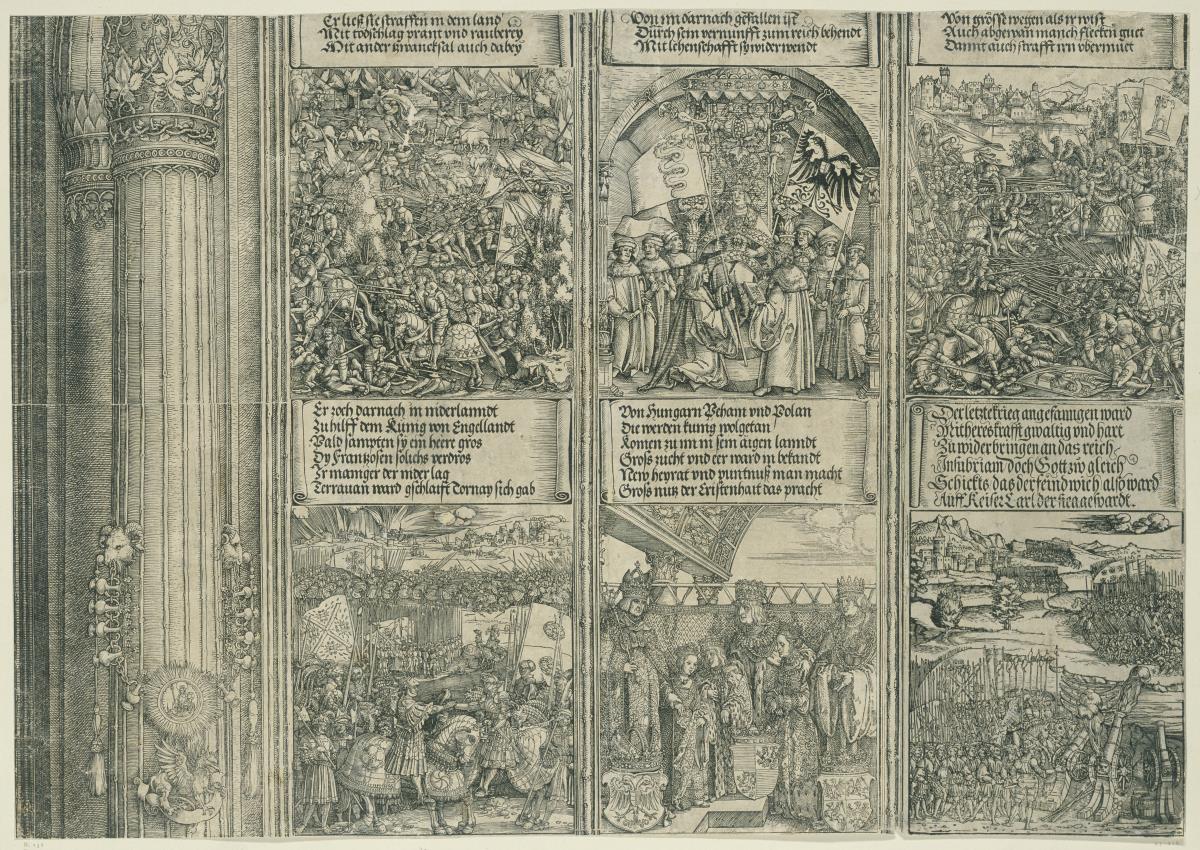 Der Triumphbogen des Kaisers Maximilian I. (23): Die sechs unteren historischen Szenen über dem rechten Portal samt des Säulenschafts der Mittelsäule