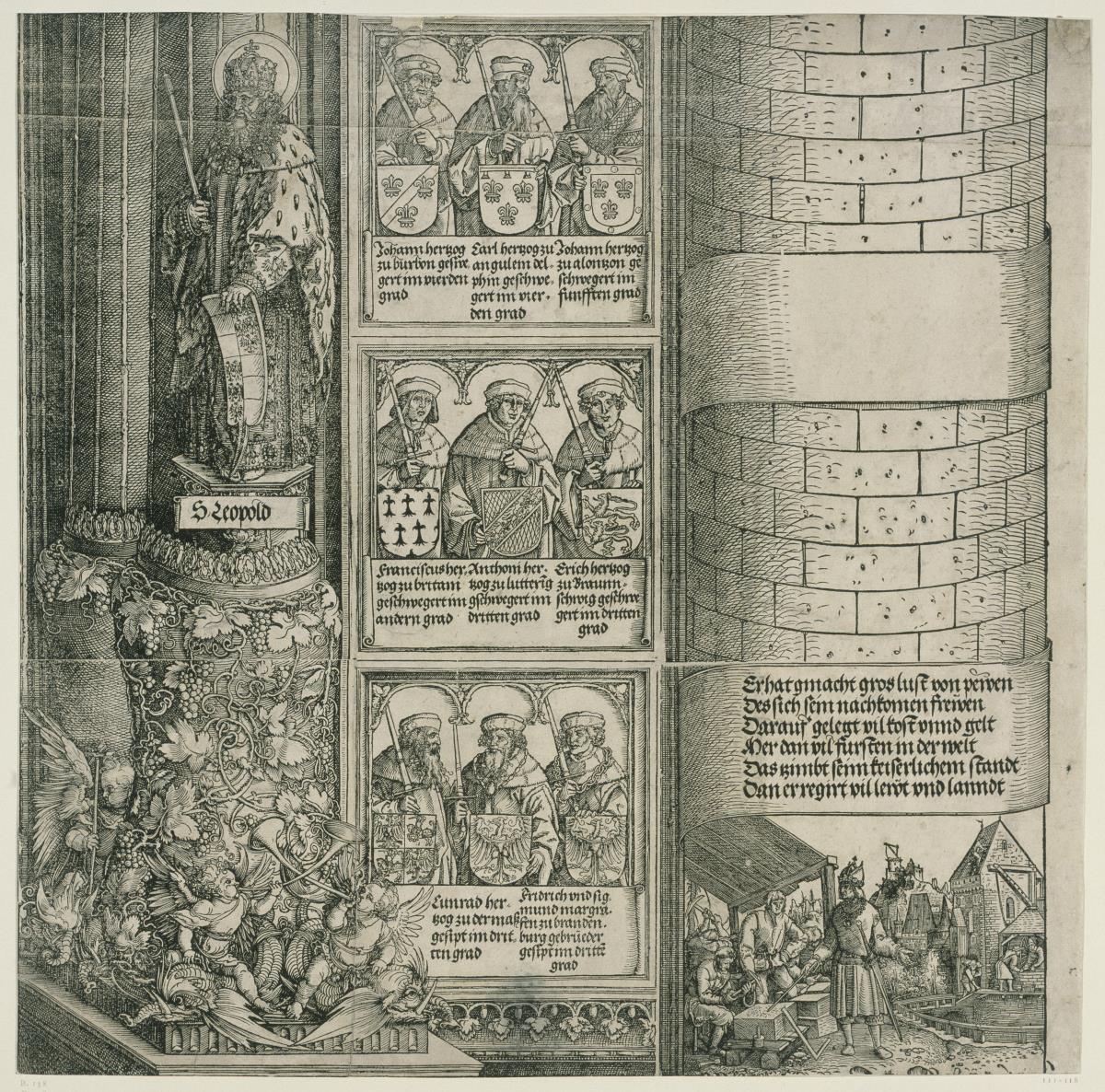 Der Triumphbogen des Kaisers Maximilian I. (28): Die Basis der rechten Außensäule, Mauerstück mit drei Königsreliefs und unterer Abschnitt des Turms mit einer historischen Szene