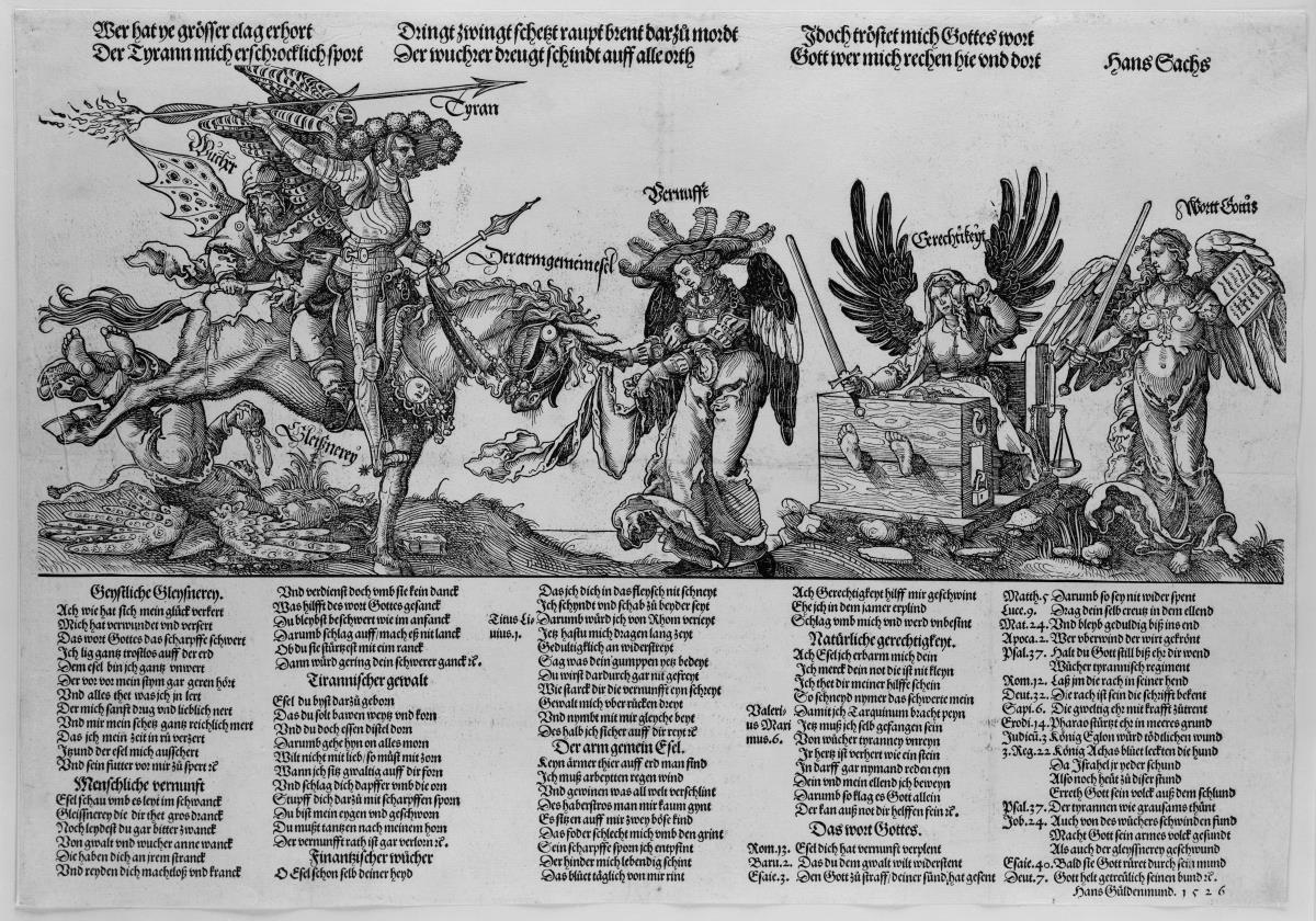 Allegorie mit Tyrannei, Wucher und Heuchelei im Kampf gegen die Vernunft, Gerechtigkeit und das Wort Gottes