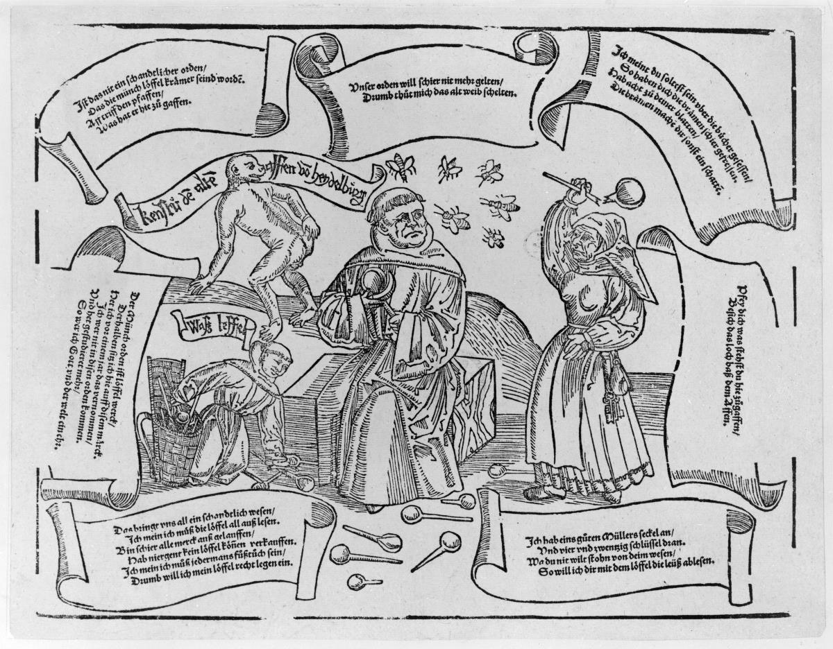 Ein Mönch, der Löffel schnitzt, mit einem Affen und einer alten Frau, die die Löffel zerschlägt