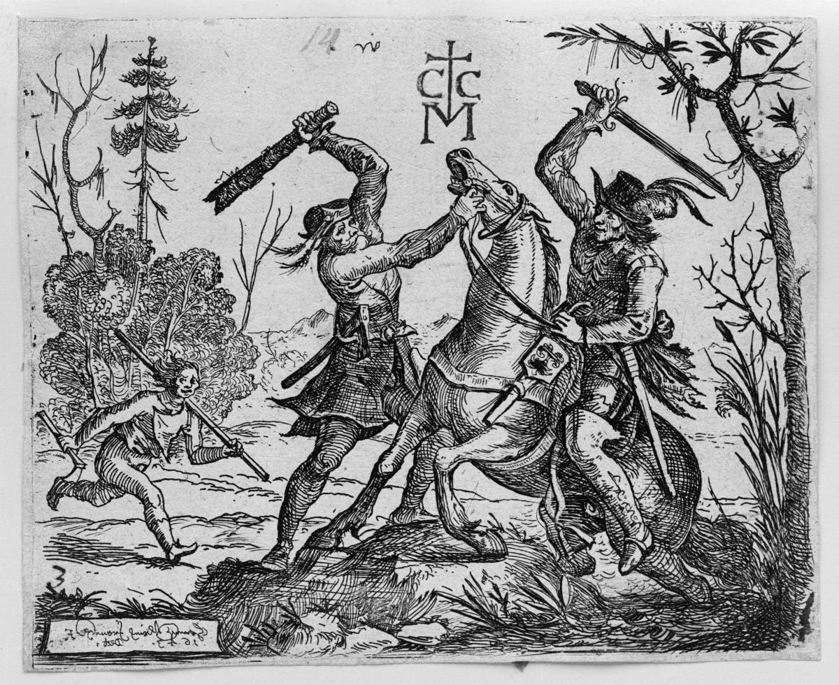Reiter von zwei Soldaten attackiert. Aus: Schrecken des Dreißigjährigen Krieges
