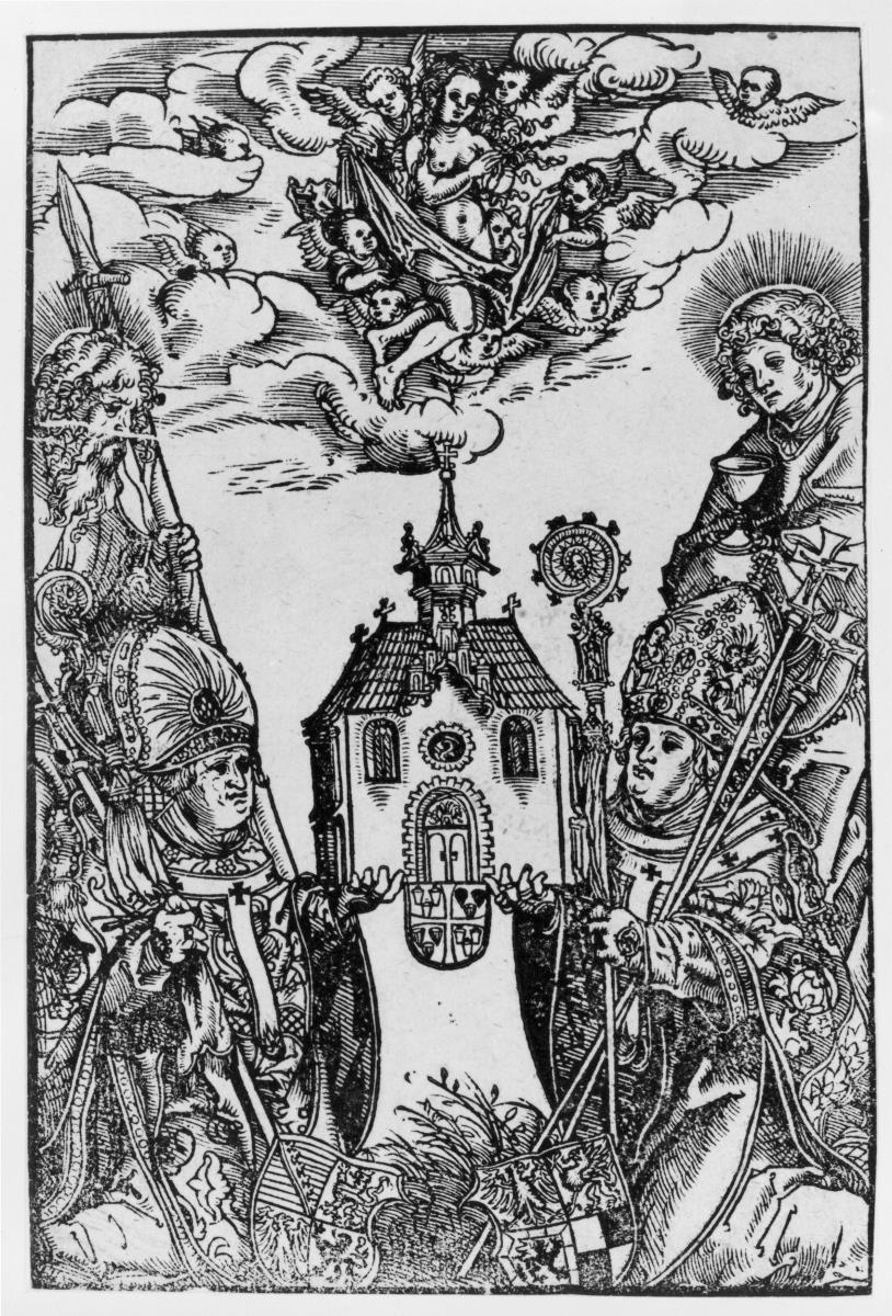 Die Erzbischöfe Ernst und Albrecht von Magdeburg als Stifter der Magdalenen-Stiftskirche auf der Moritzburg über Halle. Hallesches Heiltumsbuch