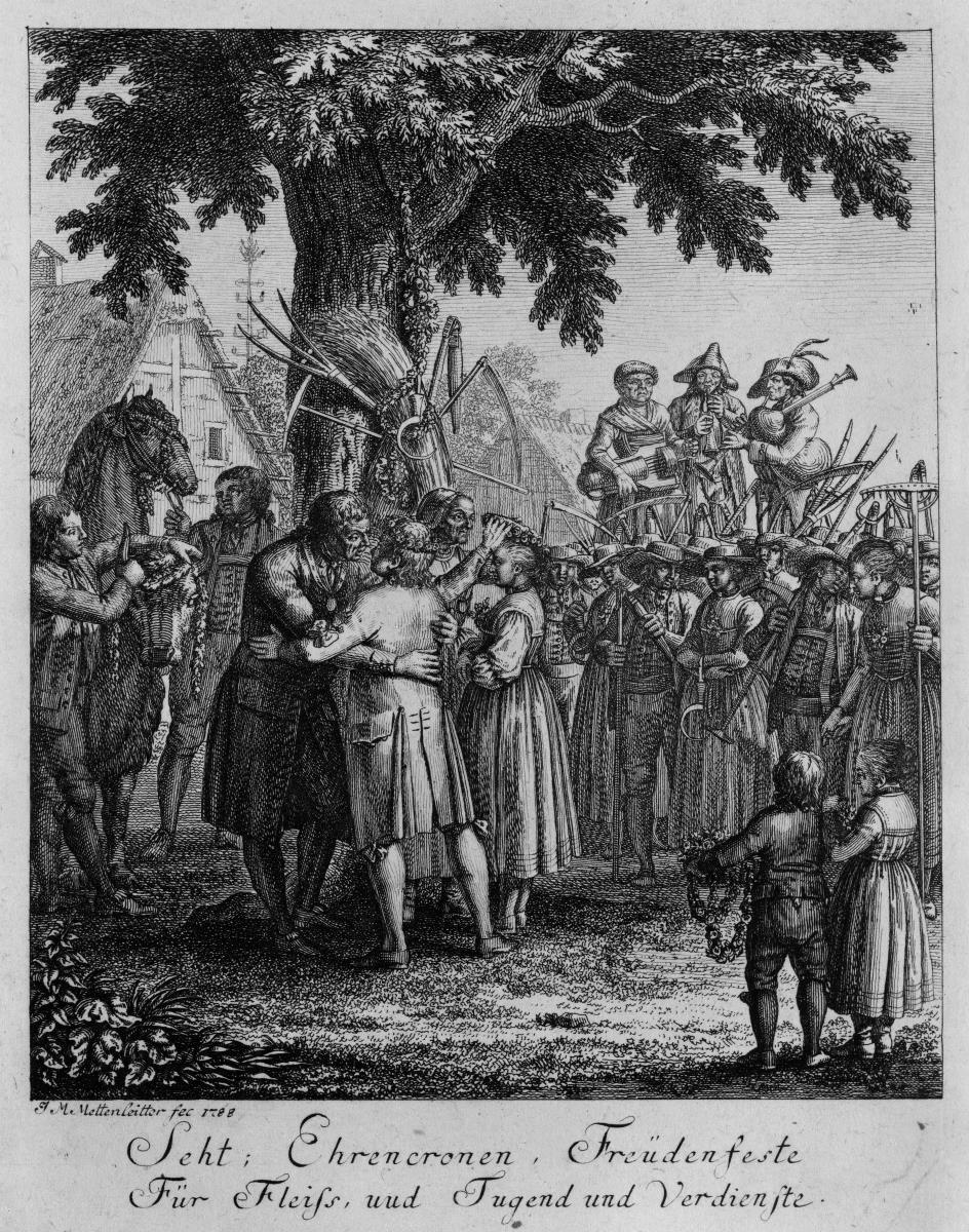Gutsherrschaft und Schnitter feiern das Erntefest