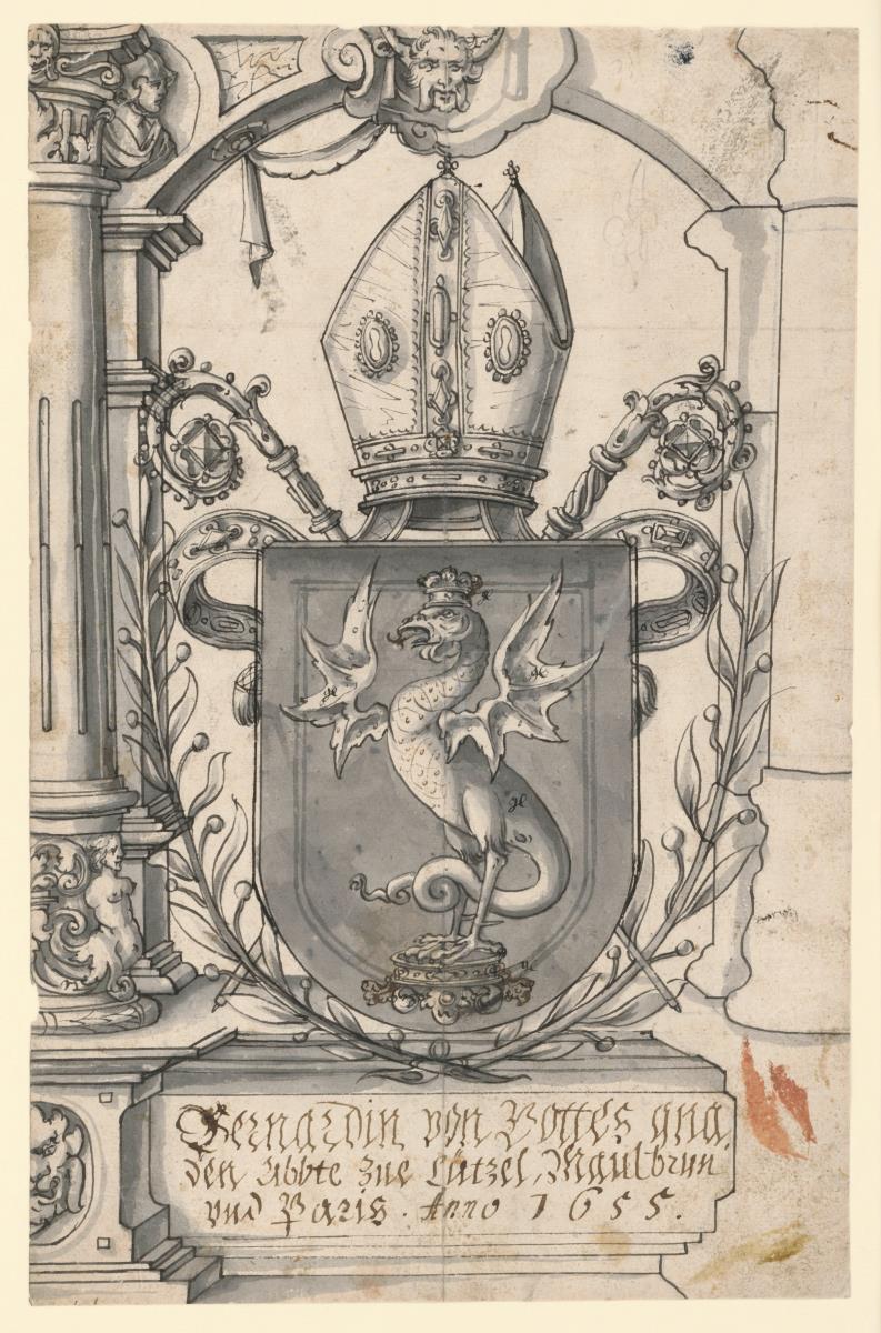 Bischöfliches Wappen mit gekröntem Drachen im Schild und Architekturumrahmung