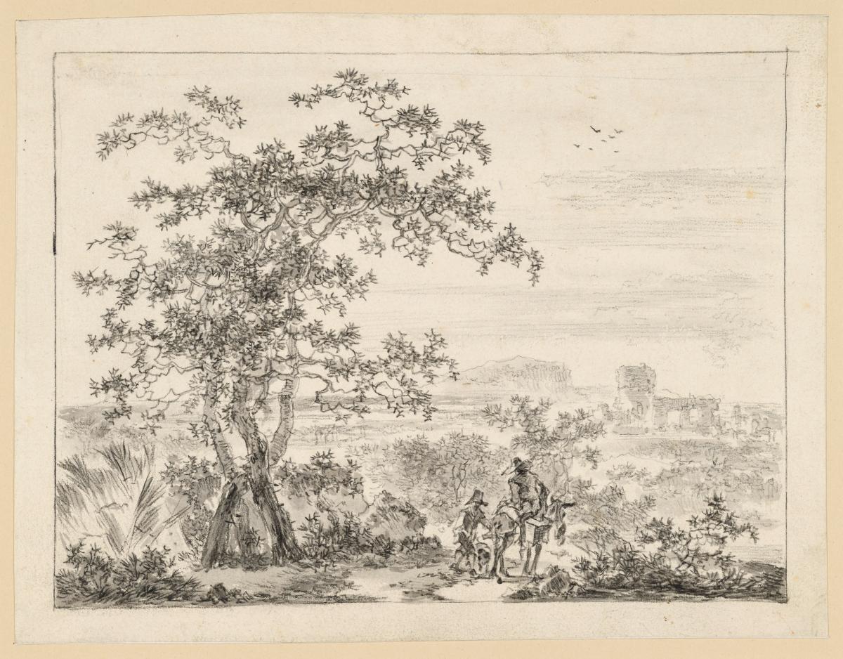 Landschaft mit zwei großen Bäumen links
