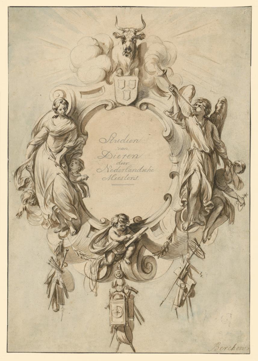Titelumrahmung. Hochovale Kartusche, oben der Stier des Evangelisten Lukas mit dem Künstlerwappen, links die Muse der Malerei, rechts die Gestalt des Ruhmes, unten ein zeichnender Putto und drei Gehänge mit Künstlerwerkzeug, darin: "Studien van Dieren door Nederlandsche Meesters"