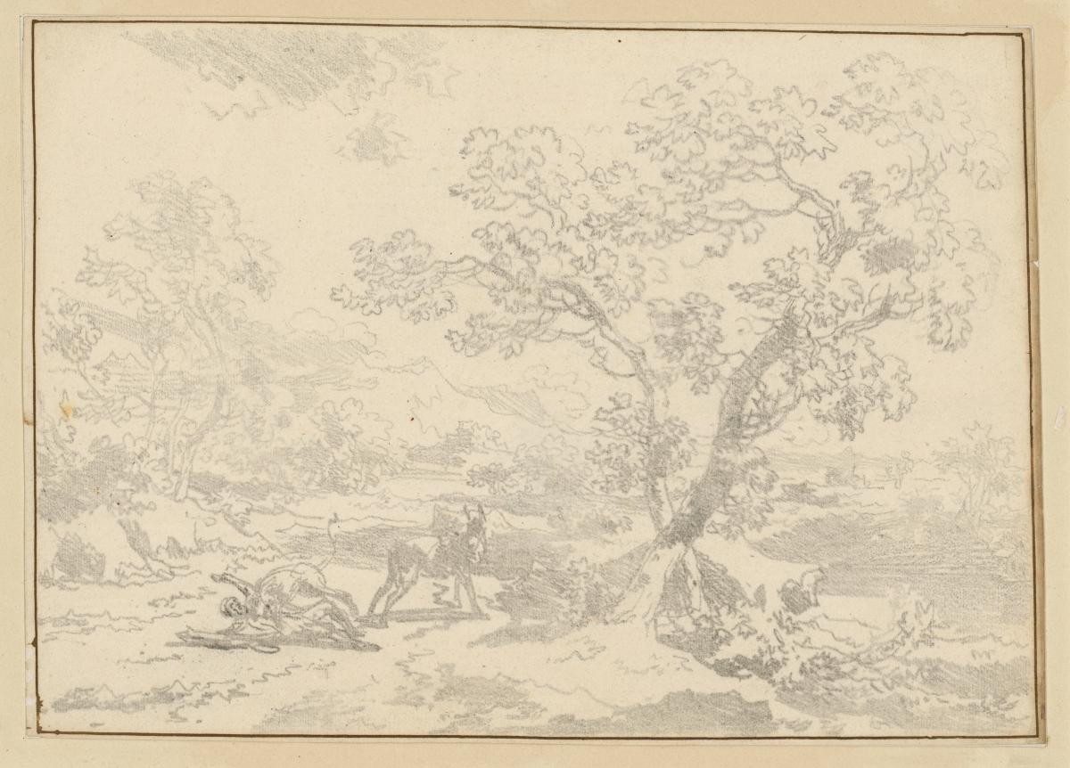 Landschaft mit einem von einem Löwen überfallenen Maultiertreiber