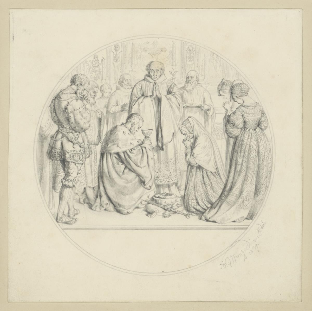 Kurfürst Joachim II und seine Gemahlin nehmen das Abendmahl. Entwurf einer Medaille für das Reformationsfest
