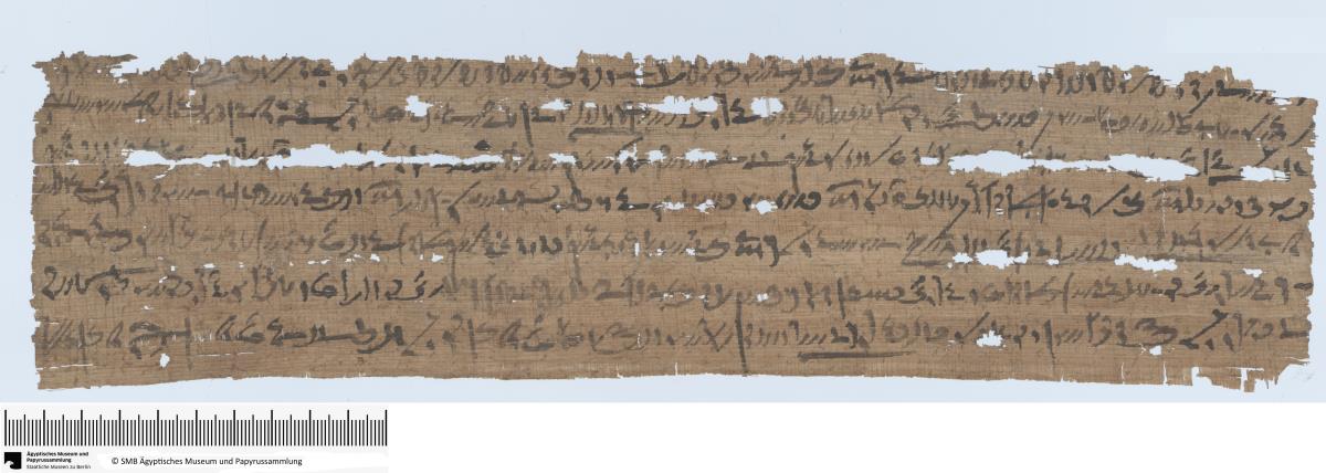 Demotischer Papyrus, Querformatbrief über Stoffe o.ä. und einen Schiffbruch