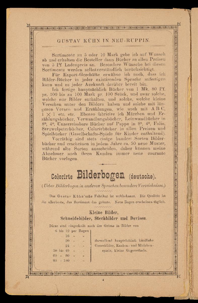 Verzeichnis der hauptsächlichsten Artikel aus den Fabriken von Gustav Kühn, Neuruppin, erste und älteste Fabrik der Neuruppiner Bilderbogen und Bilderbücher