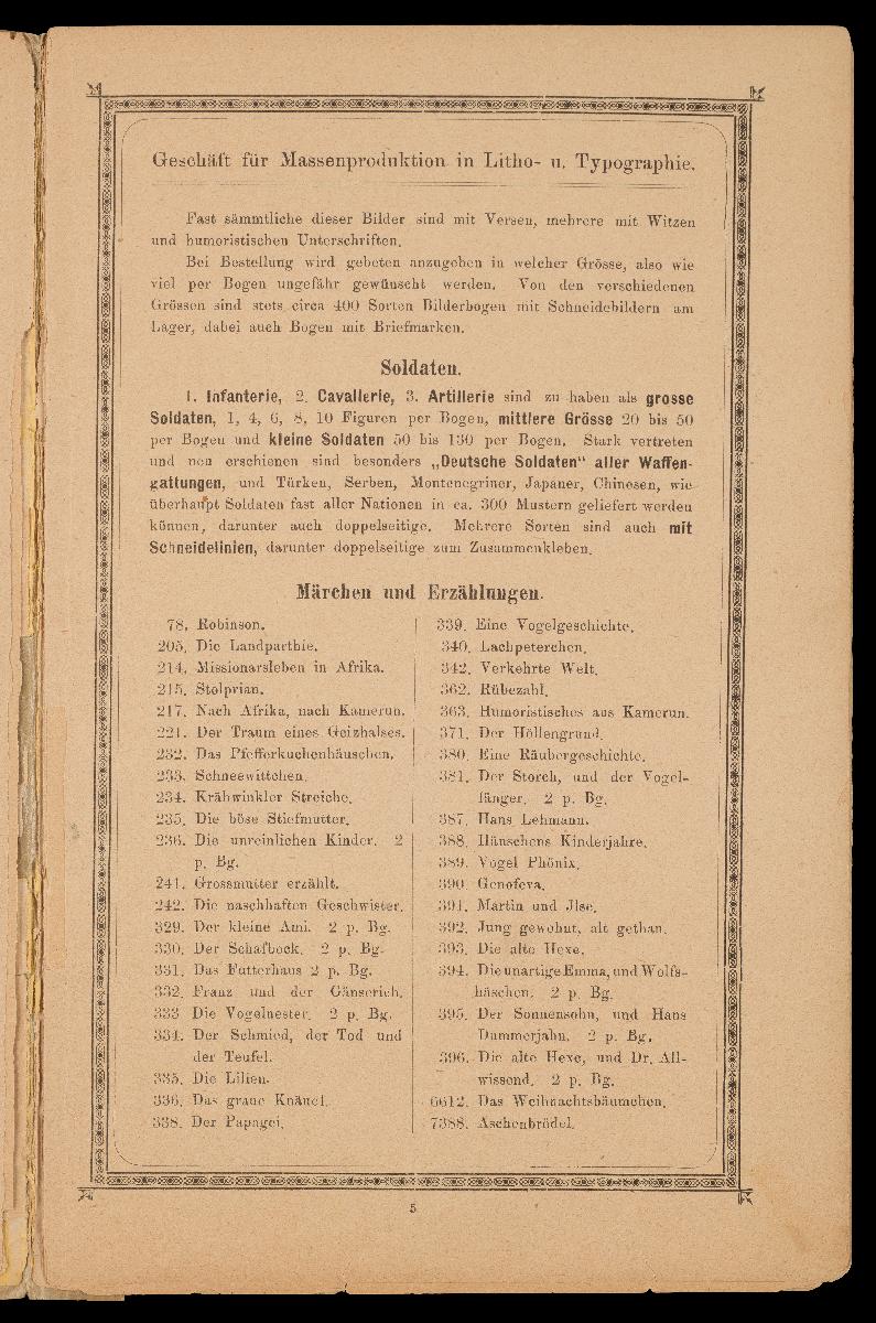 Verzeichnis der hauptsächlichsten Artikel aus den Fabriken von Gustav Kühn, Neuruppin, erste und älteste Fabrik der Neuruppiner Bilderbogen und Bilderbücher