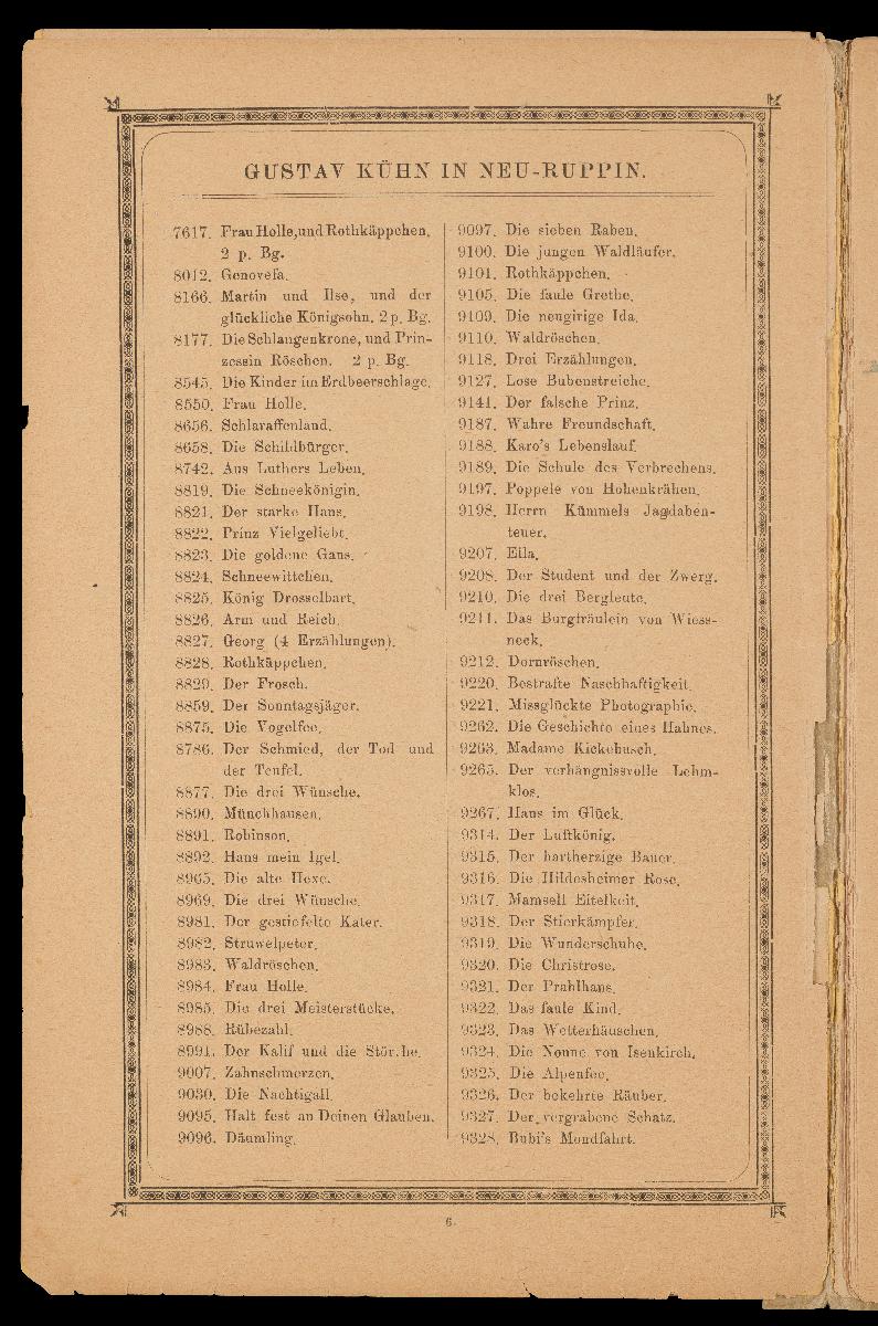 Verzeichnis der hauptsächlichsten Artikel aus den Fabriken von Gustav Kühn, Neuruppin, erste und älteste Fabrik der Neuruppiner Bilderbogen und Bilderbücher