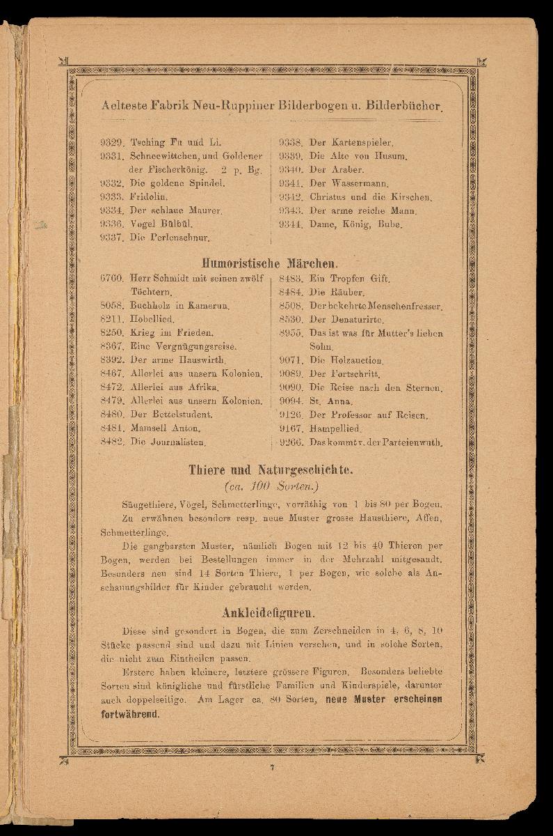 Verzeichnis der hauptsächlichsten Artikel aus den Fabriken von Gustav Kühn, Neuruppin, erste und älteste Fabrik der Neuruppiner Bilderbogen und Bilderbücher