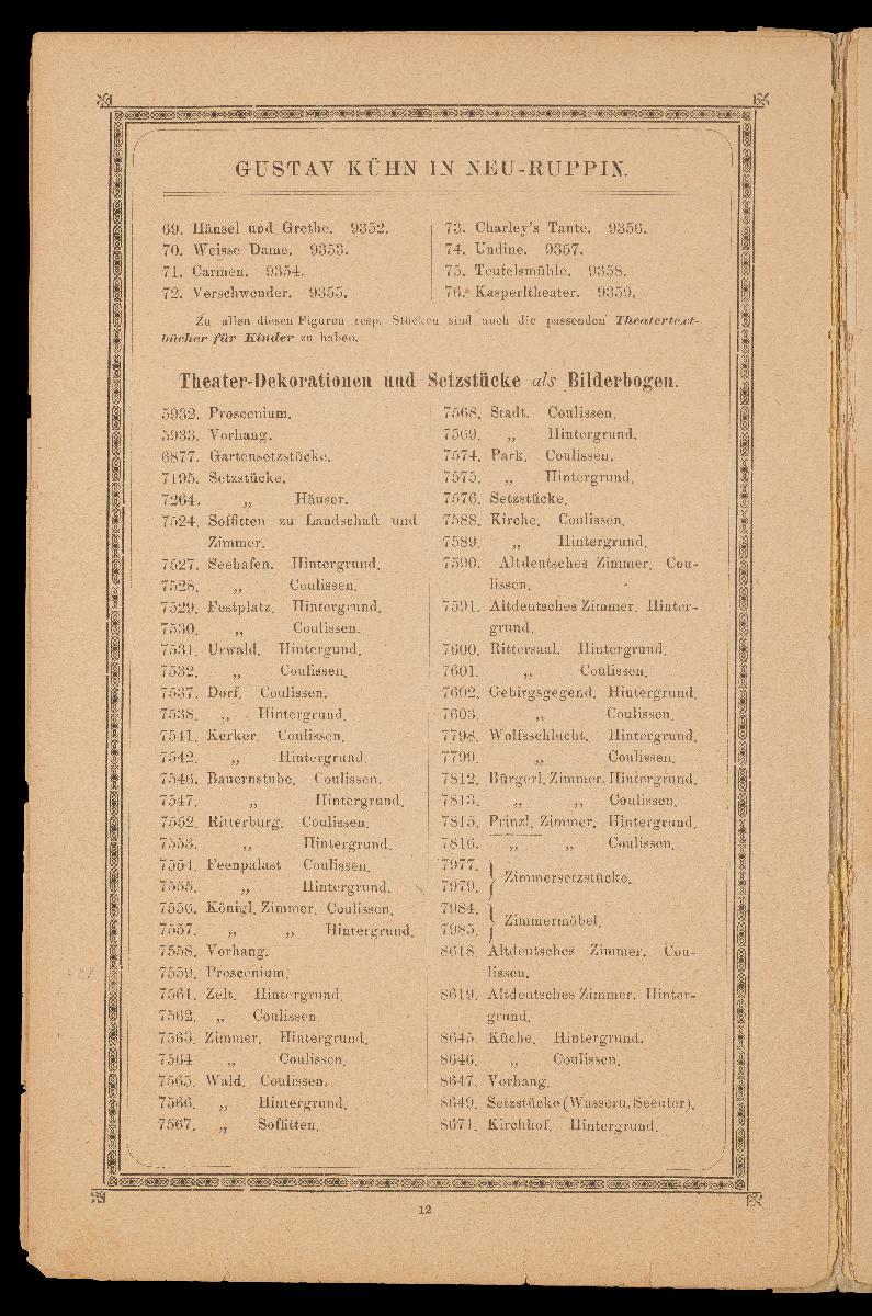 Verzeichnis der hauptsächlichsten Artikel aus den Fabriken von Gustav Kühn, Neuruppin, erste und älteste Fabrik der Neuruppiner Bilderbogen und Bilderbücher