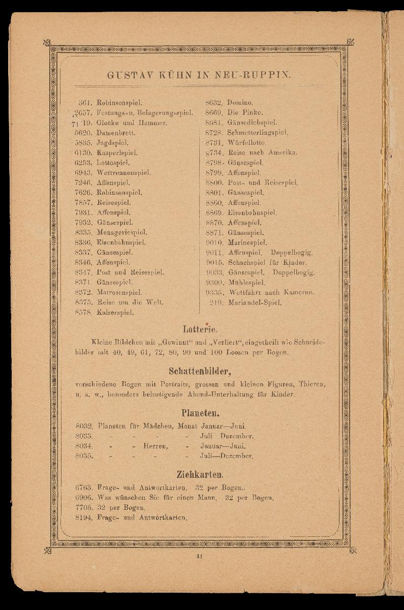 Verzeichnis der hauptsächlichsten Artikel aus den Fabriken von Gustav Kühn, Neuruppin, erste und älteste Fabrik der Neuruppiner Bilderbogen und Bilderbücher
