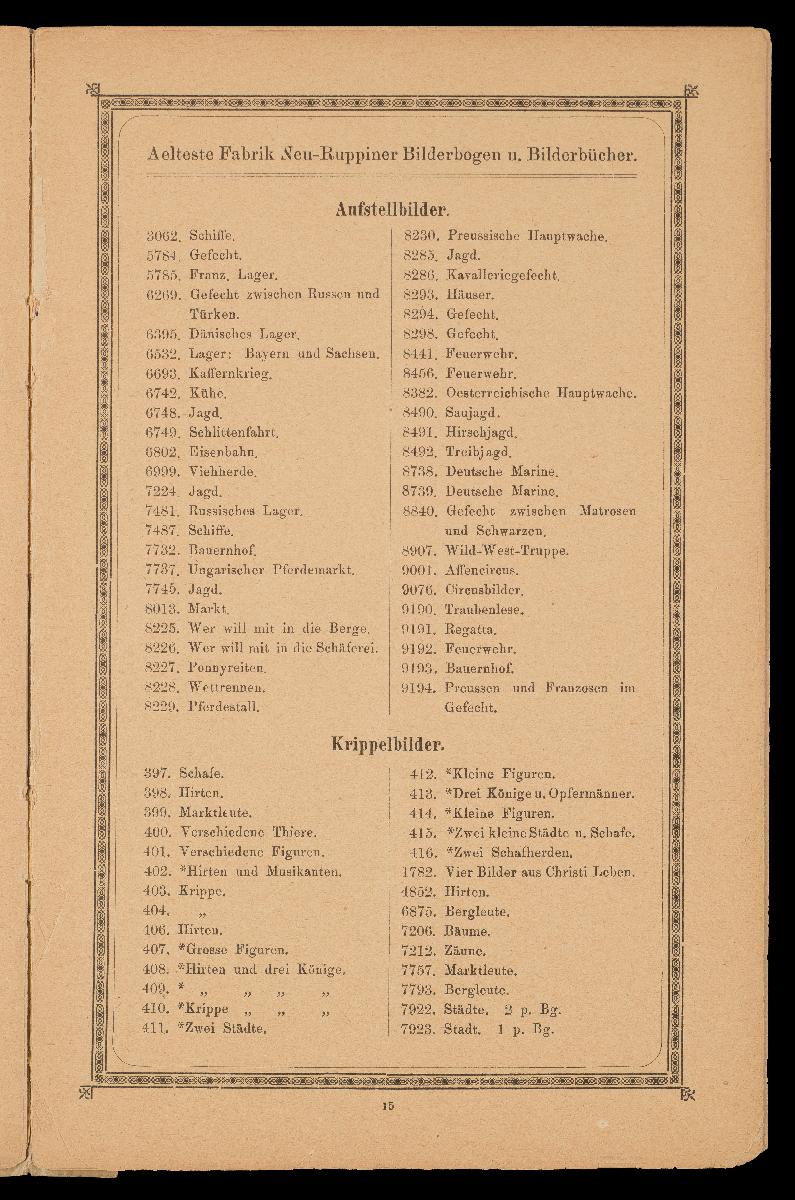Verzeichnis der hauptsächlichsten Artikel aus den Fabriken von Gustav Kühn, Neuruppin, erste und älteste Fabrik der Neuruppiner Bilderbogen und Bilderbücher