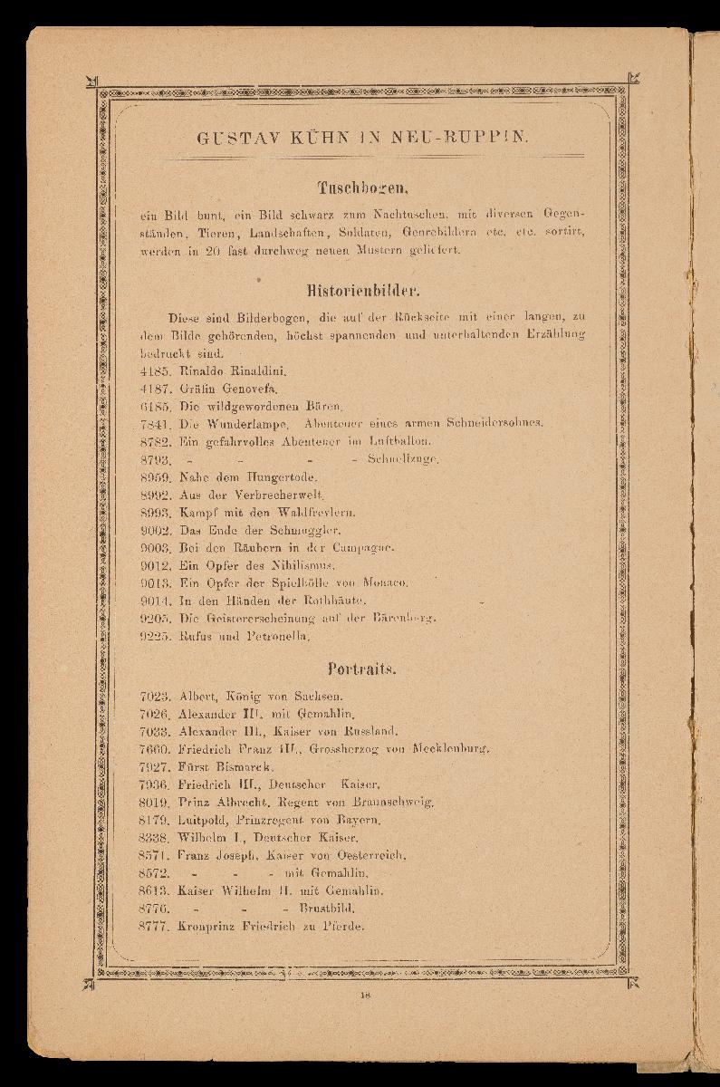 Verzeichnis der hauptsächlichsten Artikel aus den Fabriken von Gustav Kühn, Neuruppin, erste und älteste Fabrik der Neuruppiner Bilderbogen und Bilderbücher