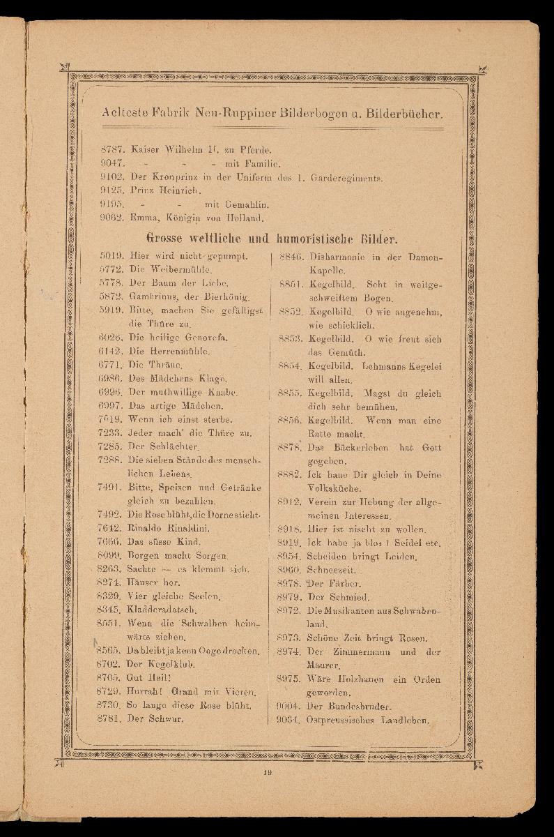 Verzeichnis der hauptsächlichsten Artikel aus den Fabriken von Gustav Kühn, Neuruppin, erste und älteste Fabrik der Neuruppiner Bilderbogen und Bilderbücher