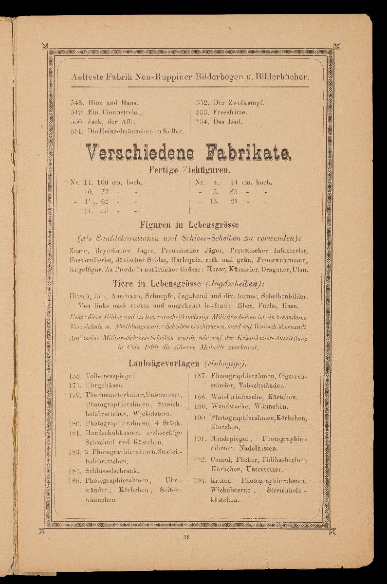 Verzeichnis der hauptsächlichsten Artikel aus den Fabriken von Gustav Kühn, Neuruppin, erste und älteste Fabrik der Neuruppiner Bilderbogen und Bilderbücher