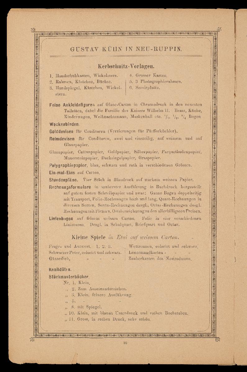 Verzeichnis der hauptsächlichsten Artikel aus den Fabriken von Gustav Kühn, Neuruppin, erste und älteste Fabrik der Neuruppiner Bilderbogen und Bilderbücher