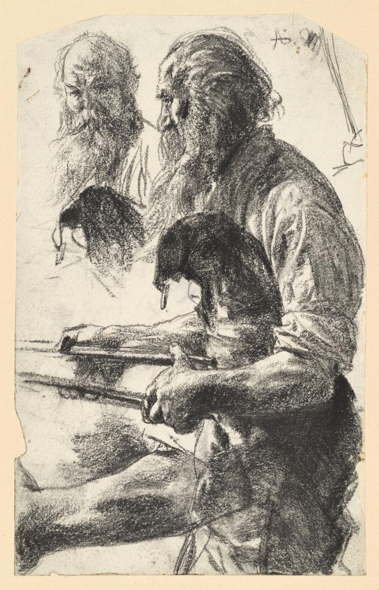 Alter Eisenarbeiter mit Schurzfell und Zange in der Hand. Studie zum "Eisenwalzwerk. Moderne Cyklopen"