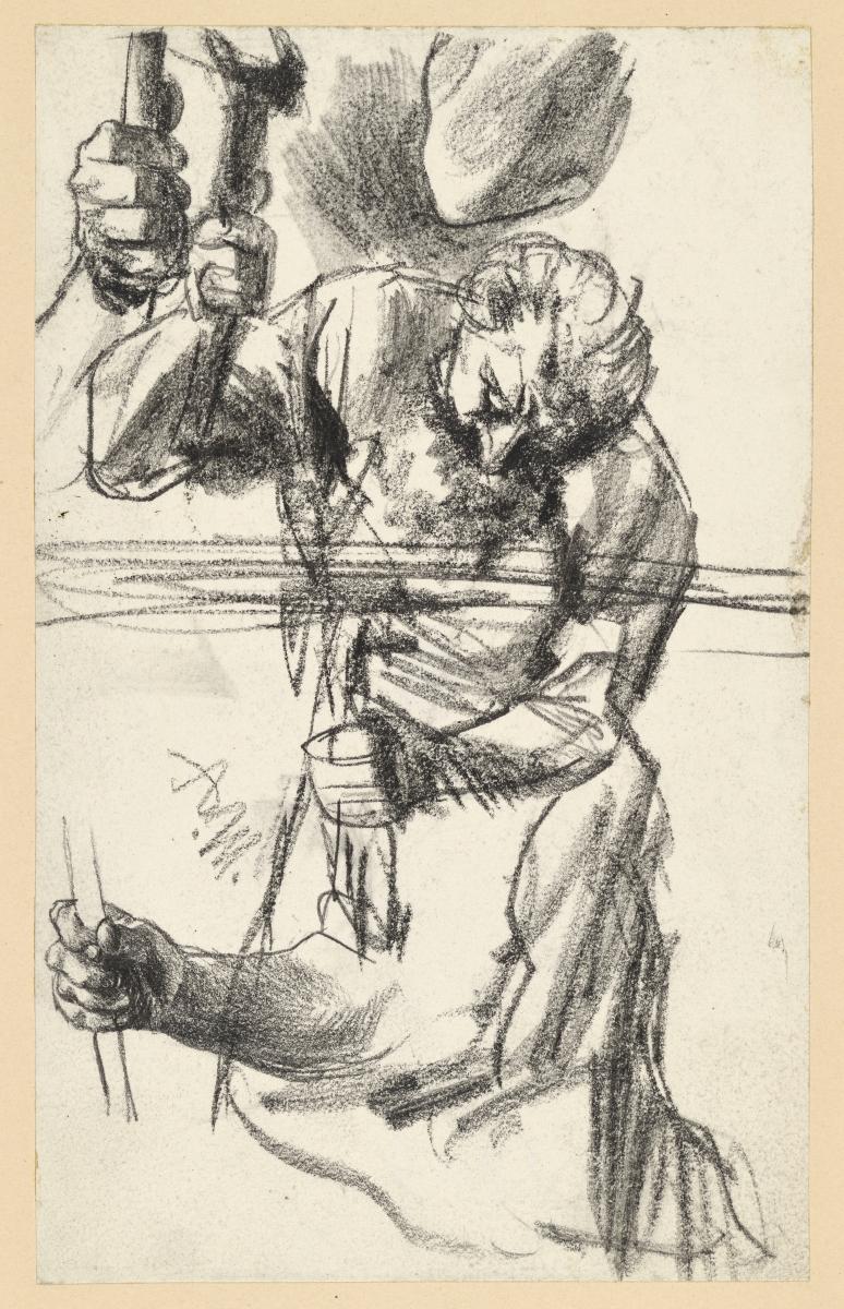 Halbfigur eines hämmernden Mannes, Arme und Hände wiederholt. Studie zum "Eisenwalzwerk. Moderne Cyklopen"