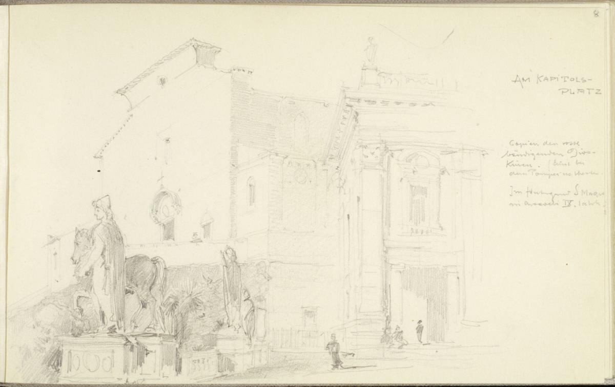 Reiseskizze, Rom Capitolplatz mit Dioskuren, Hintergrund S. Maria acricoli
