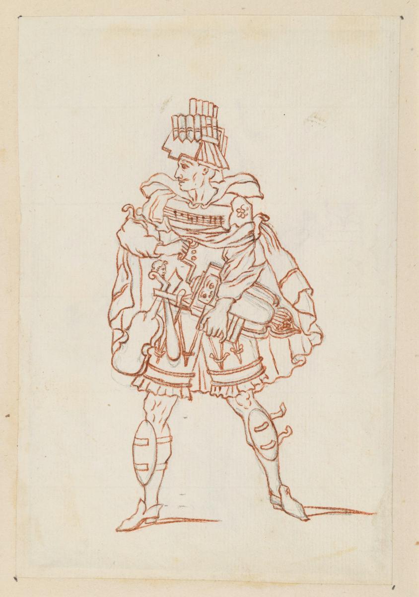 Theaterfigurine, Fantasiekostüm: Herr in Musikantenkostüm mit Schienbeinschonern