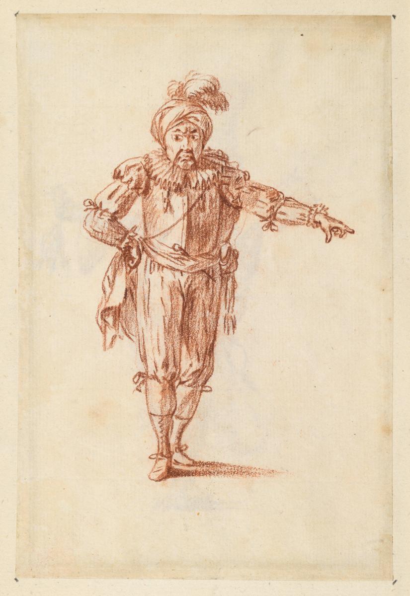 Theaterfigurine, Fantasiekostüm: Mann in Kostüm mit Halskrause und Turban