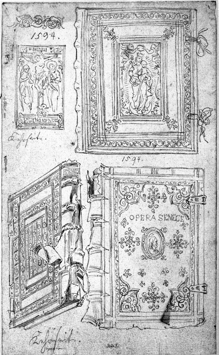 Foliantendeckel mit Kruzifix und Muttergottes sowie mit Titel Opere Senece und deren Kehrseiten