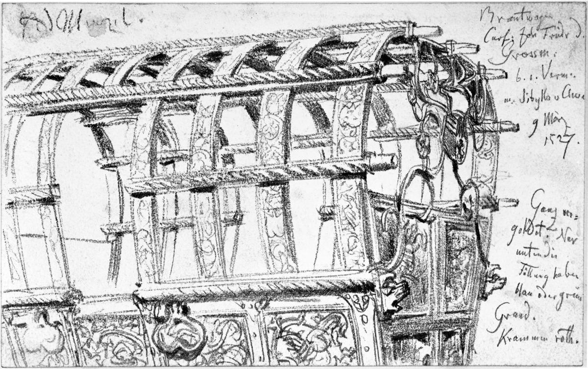 Brautwagen des Kurfürsten Johann Friedrich des Großmütigen vom Einzug der Sibylla von Cleve in Torgau am 9. März 1527