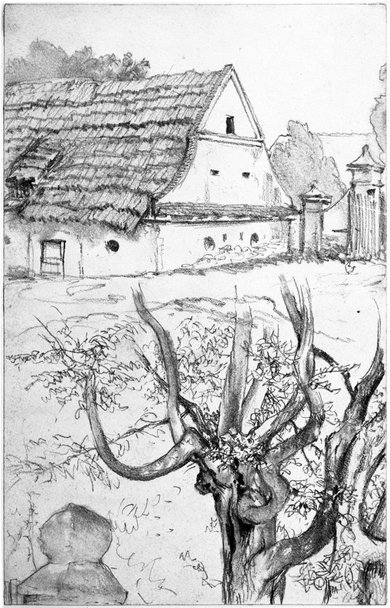 Gehöft mit Torweg, vorn ein knorriger Baum und Pfeilerkopf