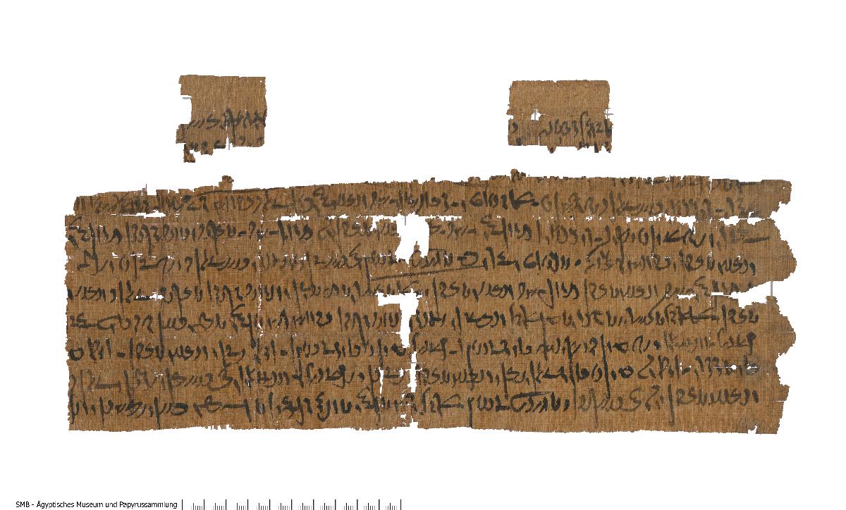 Demotischer Papyrus, Querformatbrief über Reise einiger Priester zum Ackervorsteher in Memphis und Opfergaben für Göttin Anukis auf Elephantine