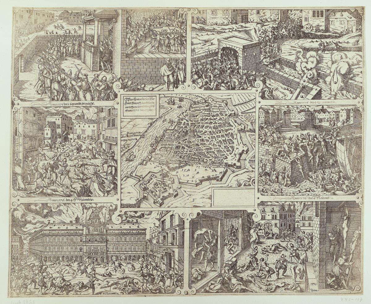 Plan von Antwerpen mit Darstellungen der Greueltaten vom 4. November 1576