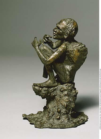 Alexandrinisch-hellenistische Statuette eines auf einem Felsen sitzenden buckligen Bettlers