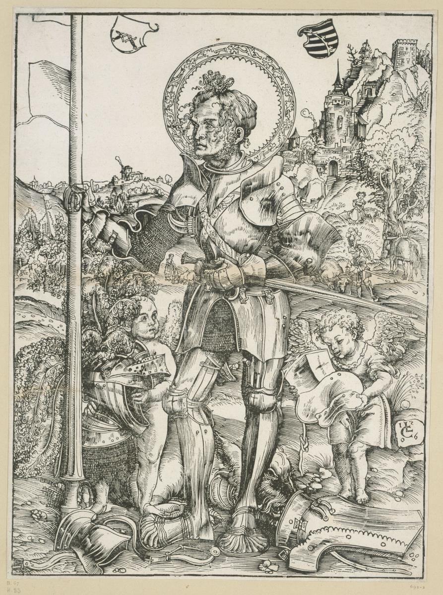 Der Hl. Georg, stehend, mit Fahnenlanze und zwei Engeln