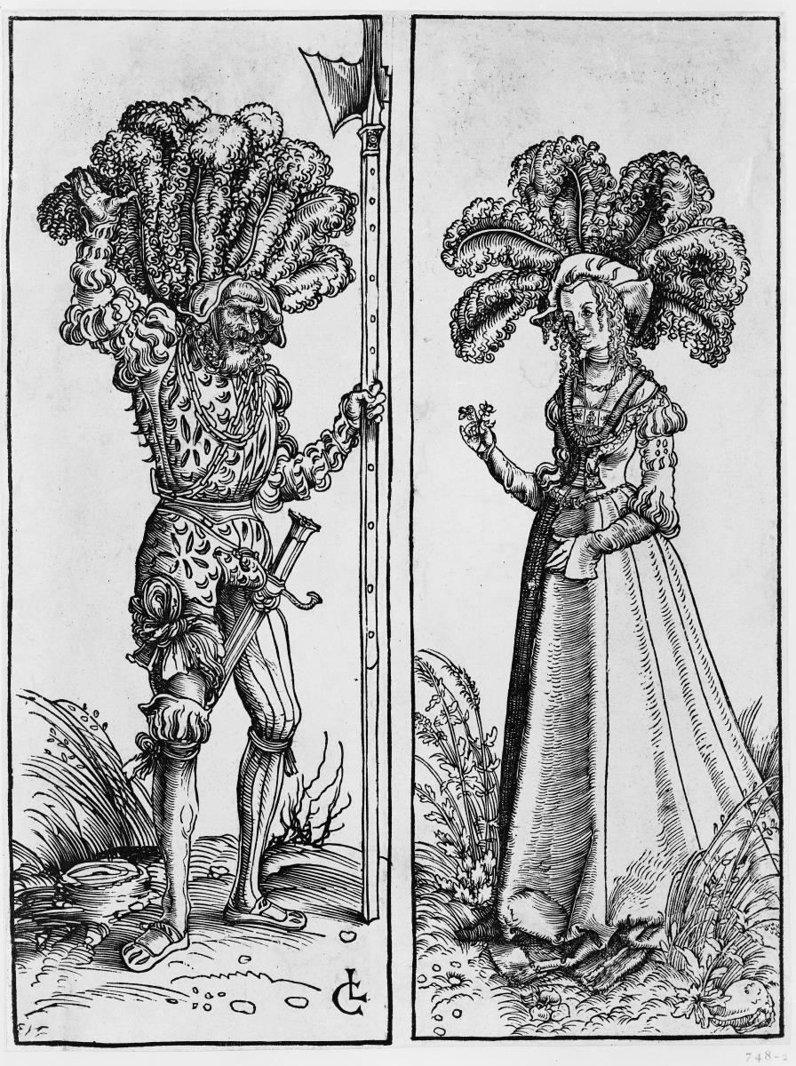 Ein Fußsoldat mit Hellebarde und Dame mit Stiefmütterchen