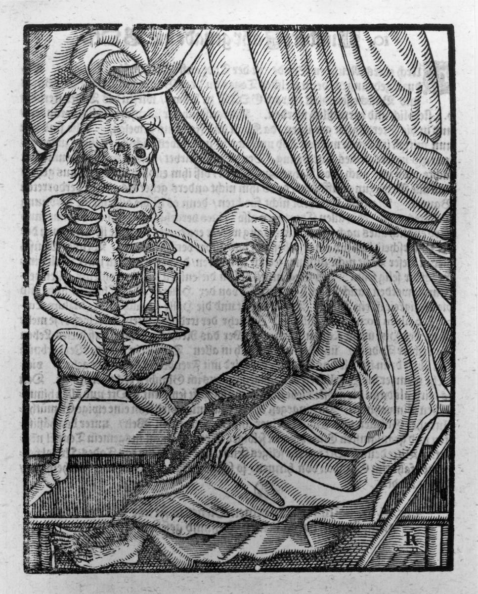 Die zehn Alter des Menschen. Alte Frau an die der Tod herantritt