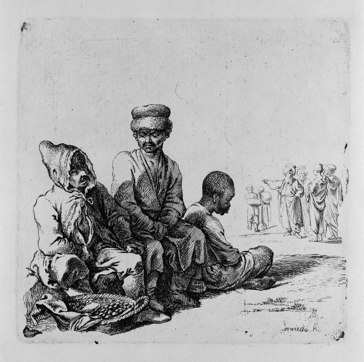Personal der türkischen Gesandtschaft, "in der Poststraße nach der Natur gezeichnet, wo diese Leute aus dem Gefolge der Achmet für seine Rechnung Datteln und Haselnüsse verkauften"