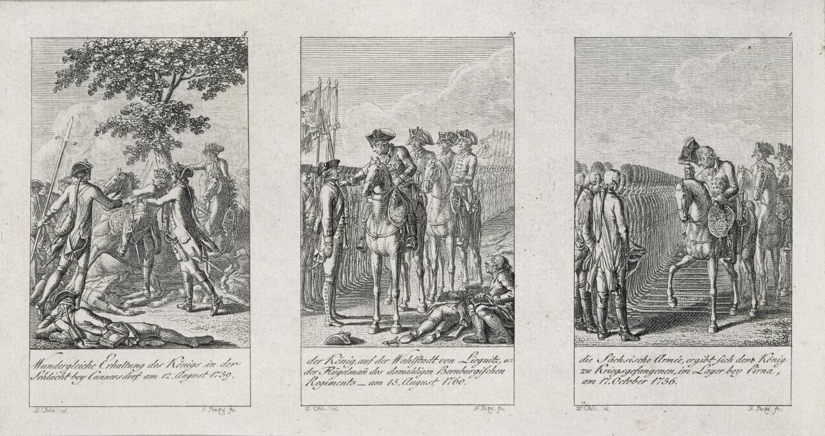 Friedrich II. im 7-jährigen Krieg. Blatt 1, Die sächsische Armee bei Pirna / Blatt 8, Friedrich II. und das Regiment Bernburg / Blatt 10, Friedrich II. bei Liegnitz